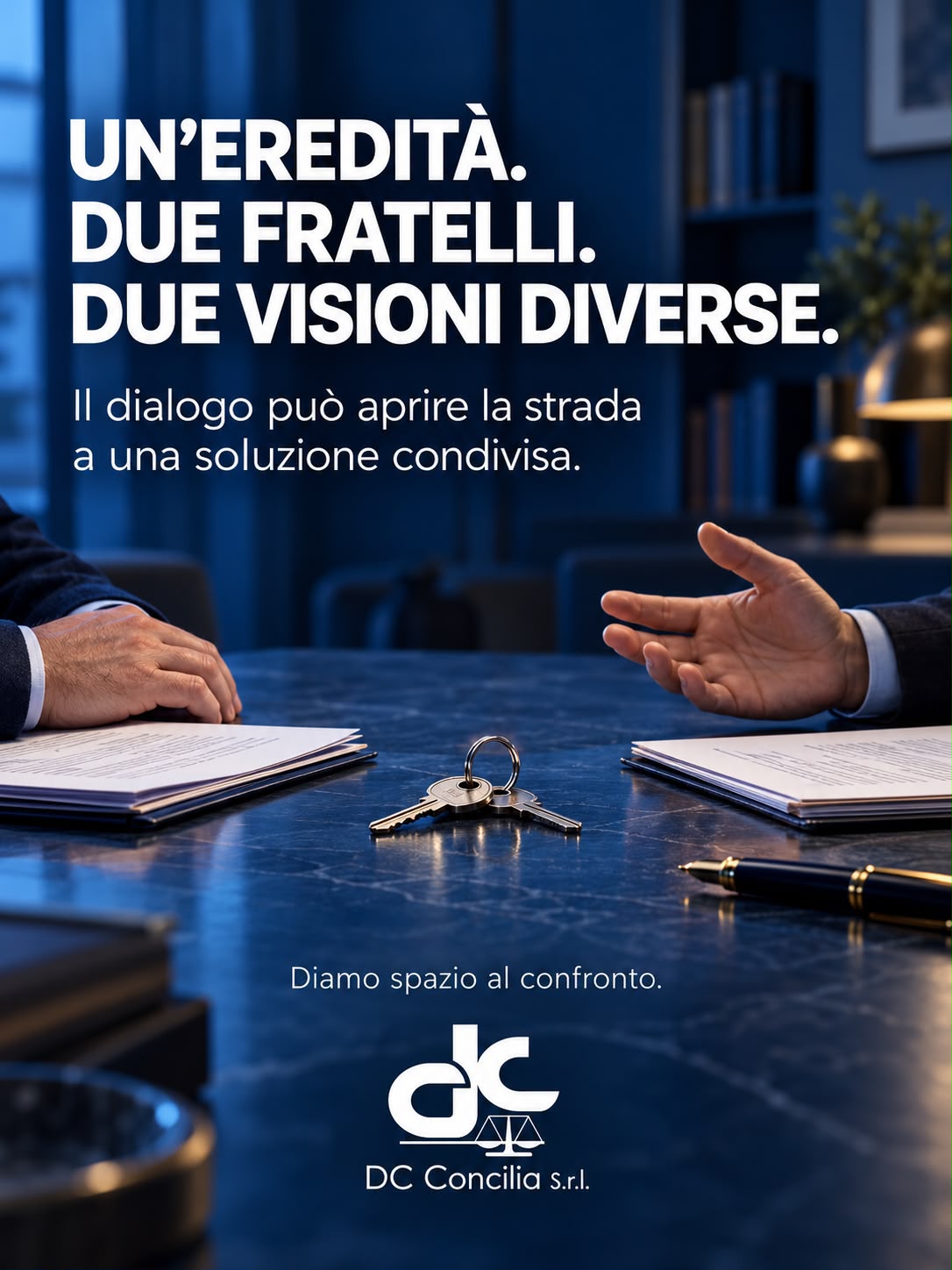 Un’eredità , due fratelli, due visioni diverse: il dialogo nella mediazione ereditaria, con documenti e chiavi sul tavolo.